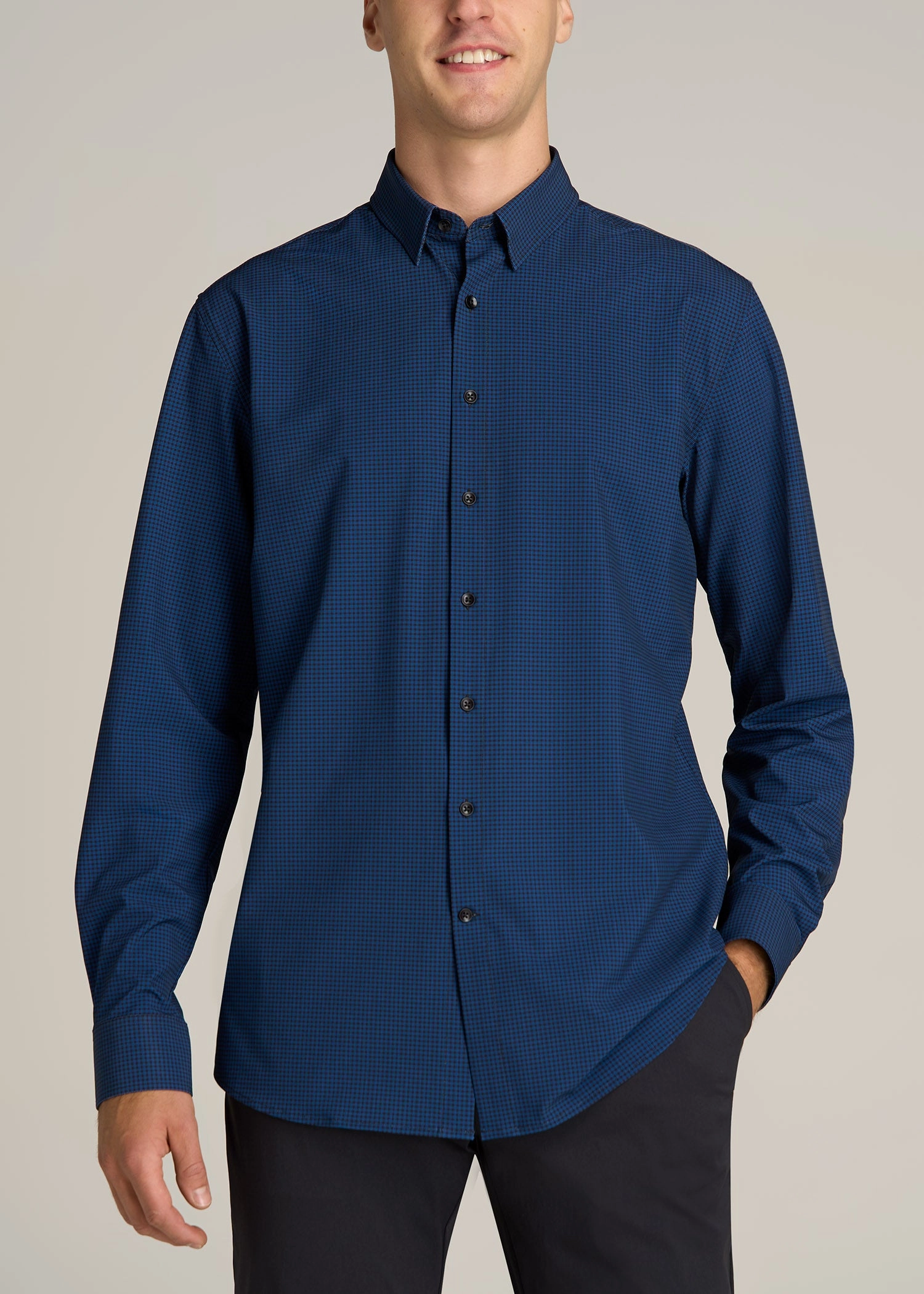 DurableWeave Traveler Stretch Dress Shirt for Tall Men in Black and Blue Micro Check