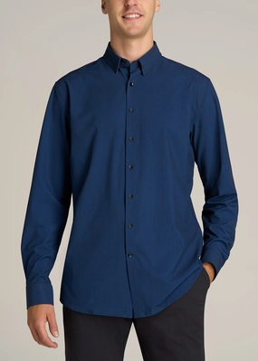 DurableWeave Traveler Stretch Dress Shirt for Tall Men in Black and Blue Micro Check