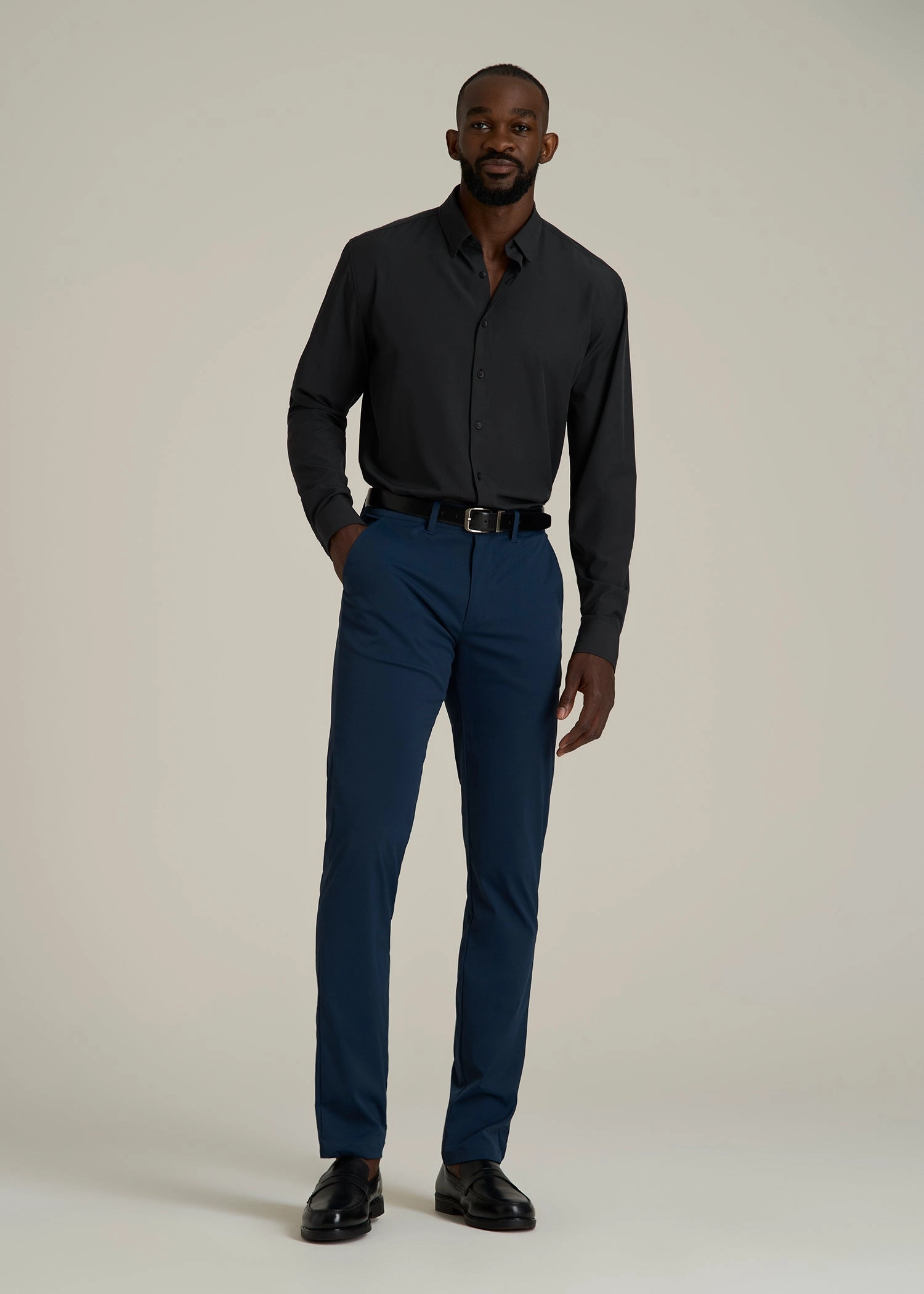 Yarn Dyed Fabric FlexibleRibbedTrims Traveler Stretch Dress Shirt for Tall Men in Black