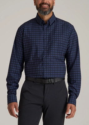 Elegant Blouse Traveler Stretch Dress Shirt for Tall Men in Deep Violet Gingham