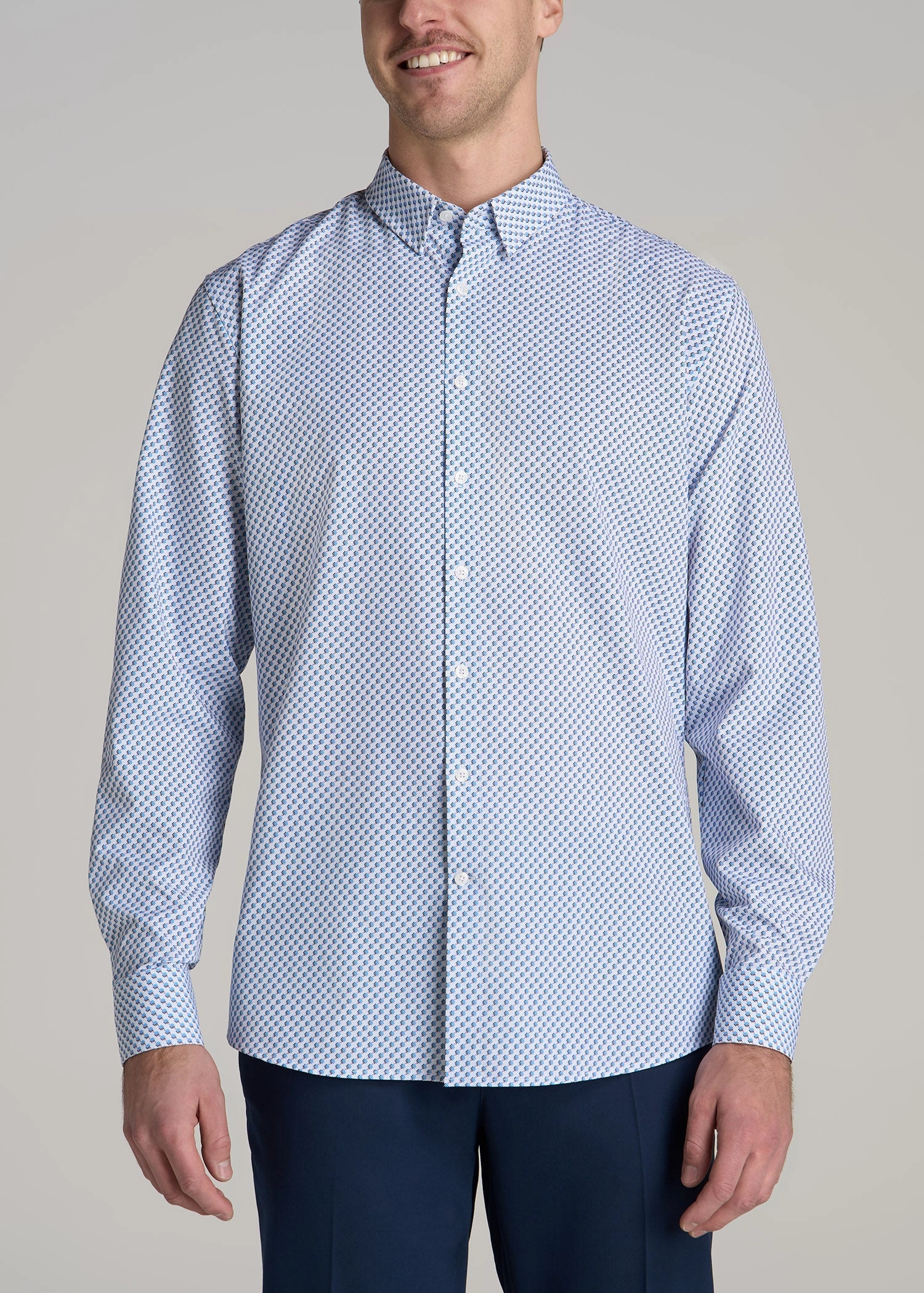 Sporty Sweatshirt LaserCut Edges Traveler Stretch Dress Shirt for Tall Men in Light Blue Geometric