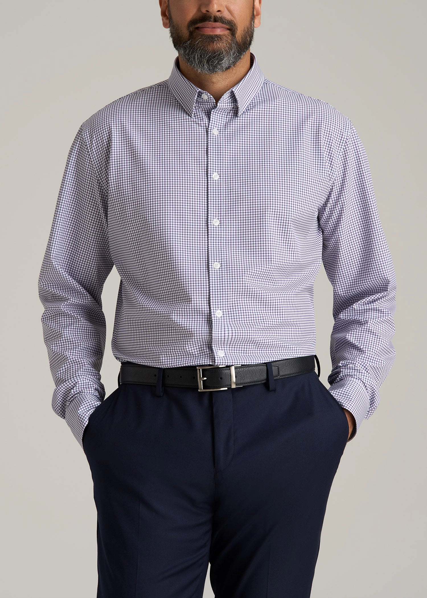 AdjustableClosure Traveler Stretch Dress Shirt for Tall Men in Plum and Black Grid