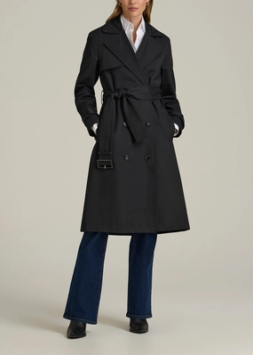 Durable Fabric Articulated Ergonomic Fit Trench Coat for Tall Women in Black