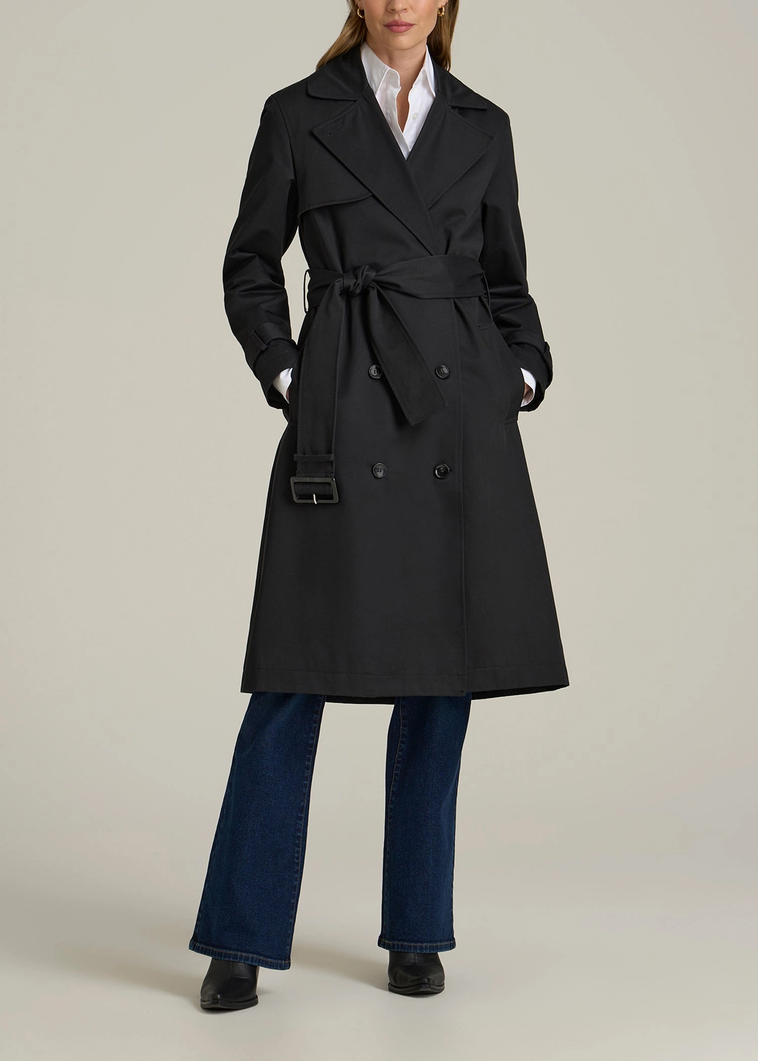 Airtight Seam Sealing UltraQuietMaterial Trench Coat for Tall Women in Black