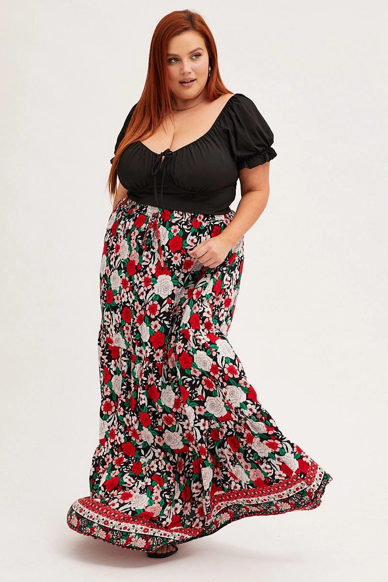 Layered Structure Anti Static Lining Black Boho Maxi Skirt High Waist Tiered