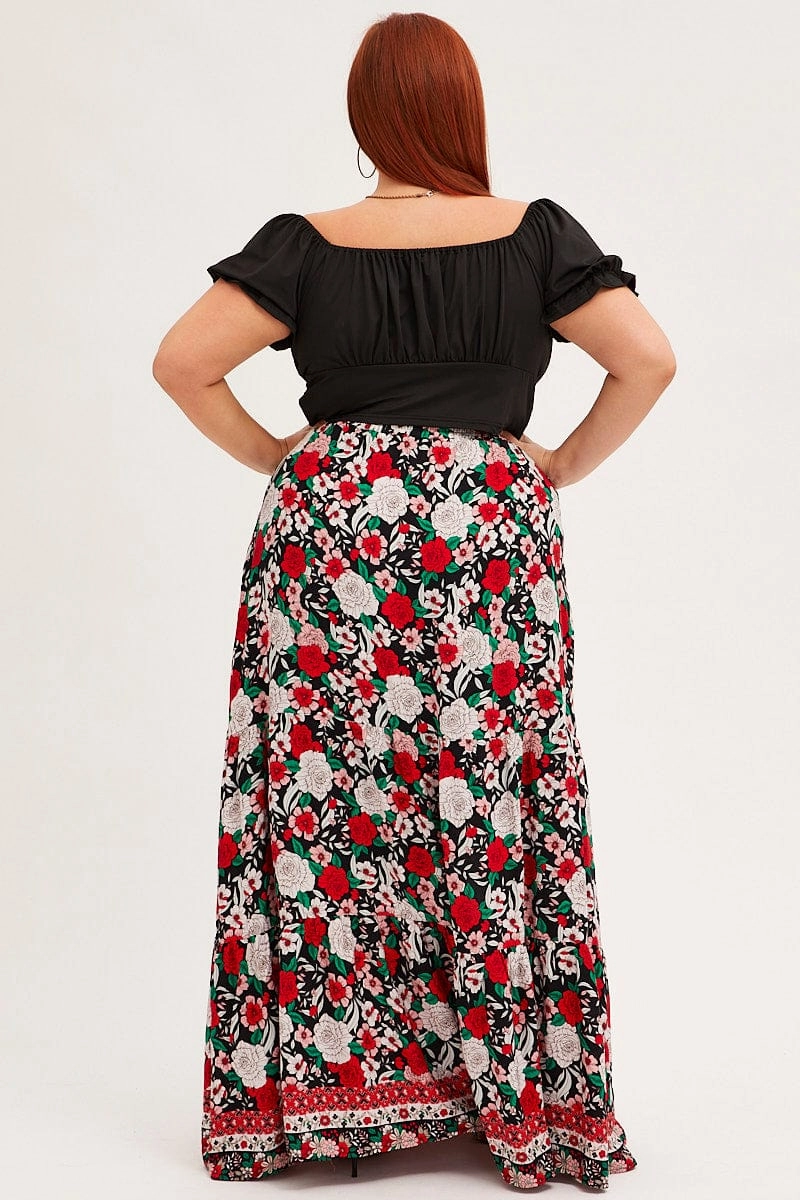 Black Boho Maxi Skirt High Waist Tiered Gathered waist Sleek Comfort