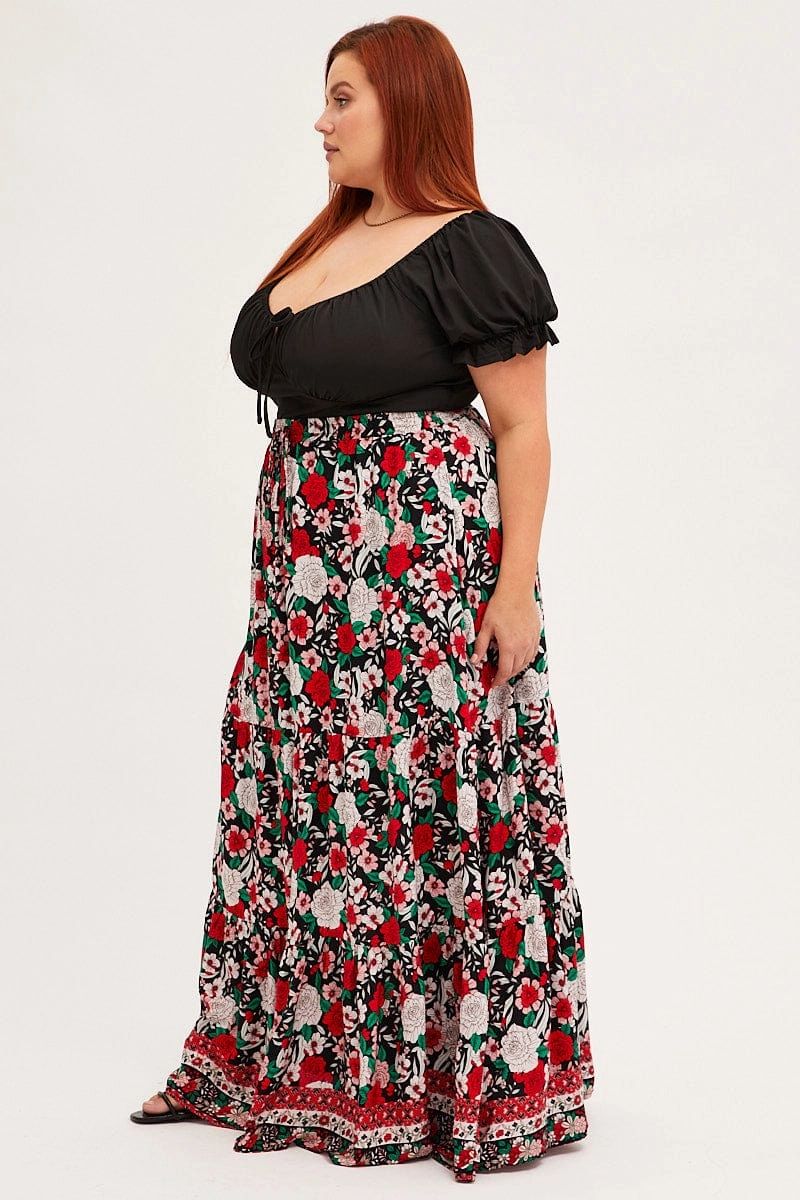 Smooth Motion Black Boho Maxi Skirt High Waist Tiered