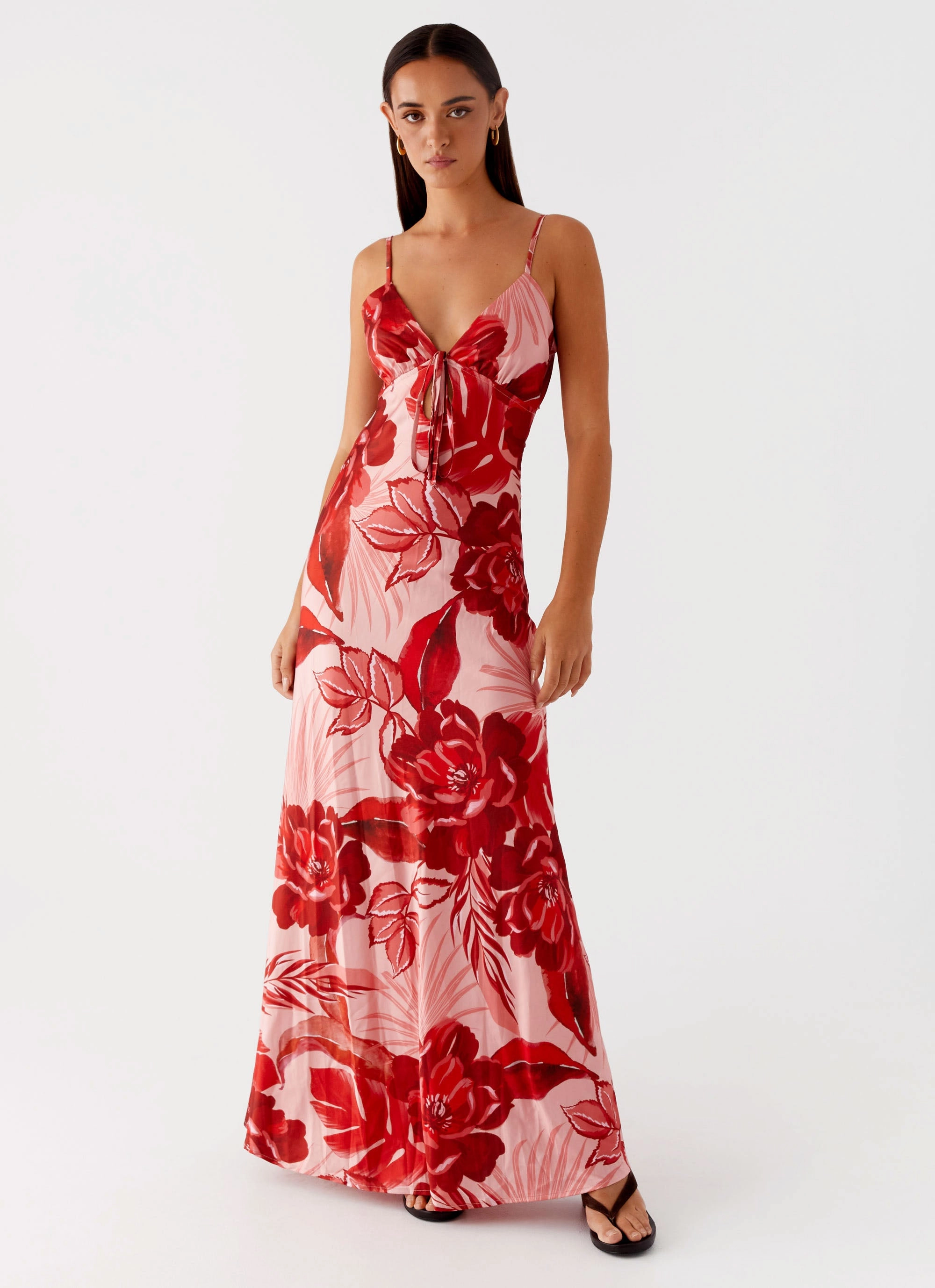Bold-Color solo wear Flora Satin Maxi Dress - Sicily Sunsets Print