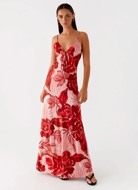 Bold-Color solo wear Flora Satin Maxi Dress - Sicily Sunsets Print