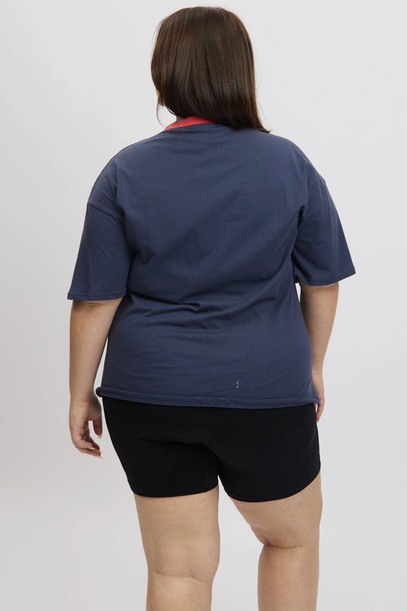 Breathable Layer Blue Graphic T-shirt Short Sleeve V-Neck Oversized