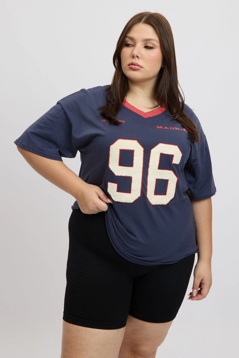 Blue Graphic T-shirt Short Sleeve V-Neck Oversized Retro nostalgia