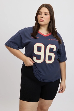 Blue Graphic T-shirt Short Sleeve V-Neck Oversized Retro nostalgia