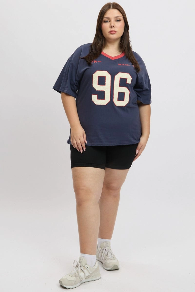 Comfy Fit Layer Formal Occasion Blue Graphic T-shirt Short Sleeve V-Neck Oversized