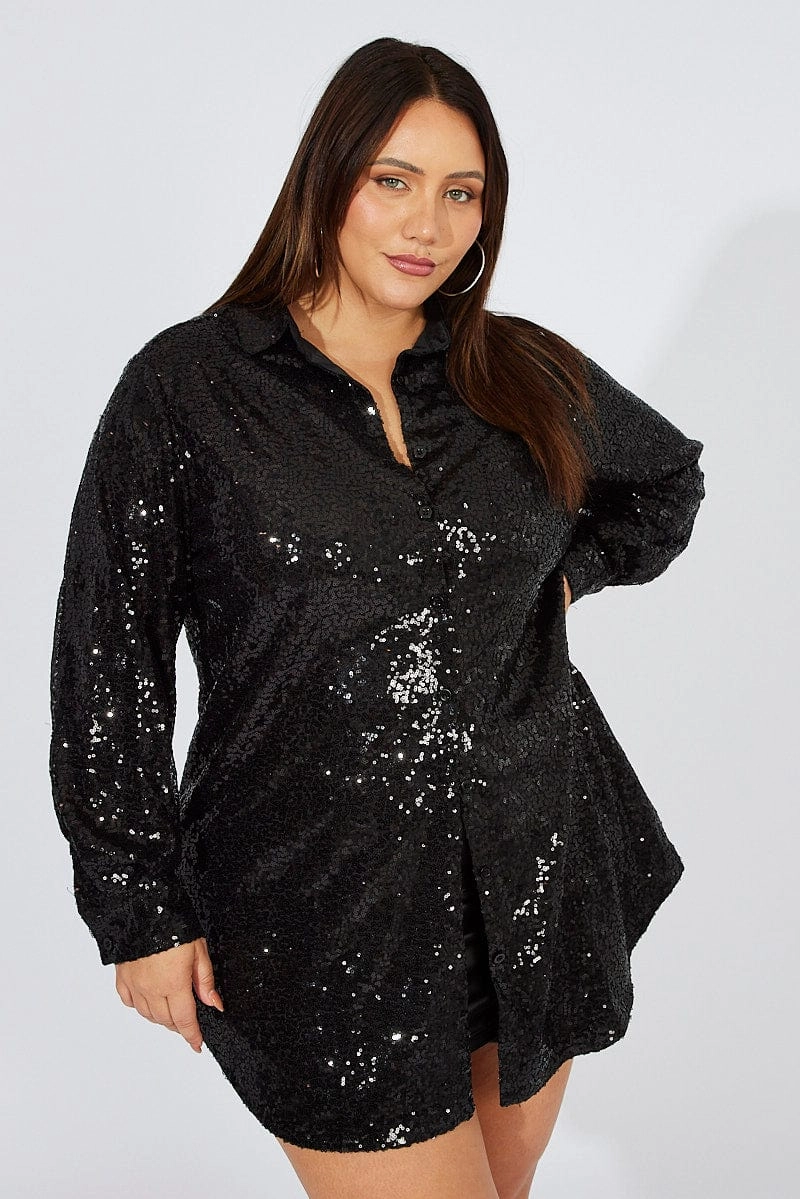 Anti Static Finish Black Sequin Long Overshirt Jacket