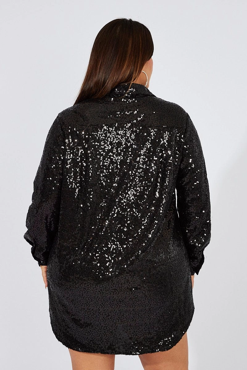 Trendy Layer Black Sequin Long Overshirt Jacket