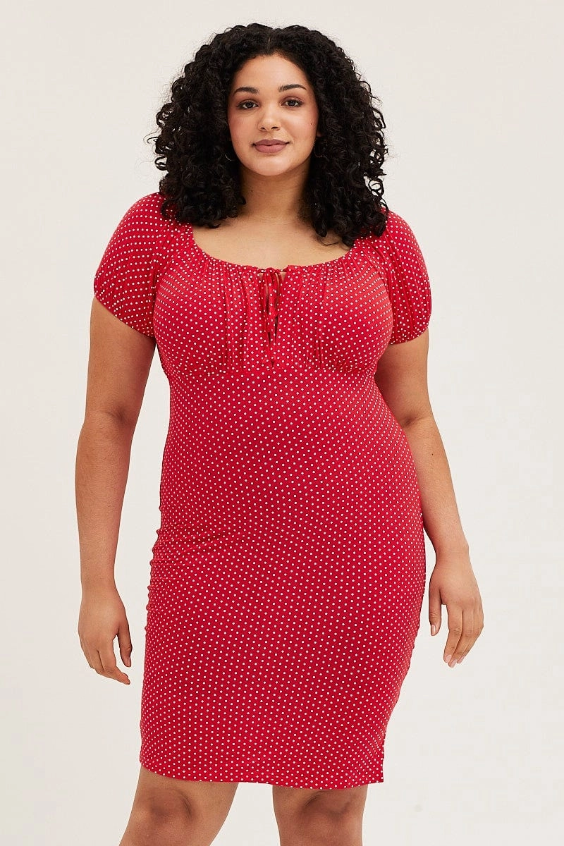 Polka Dot Short Puff Sleeve Red Spot Bodycon Dress Structured-Shape Smart and Stylish
