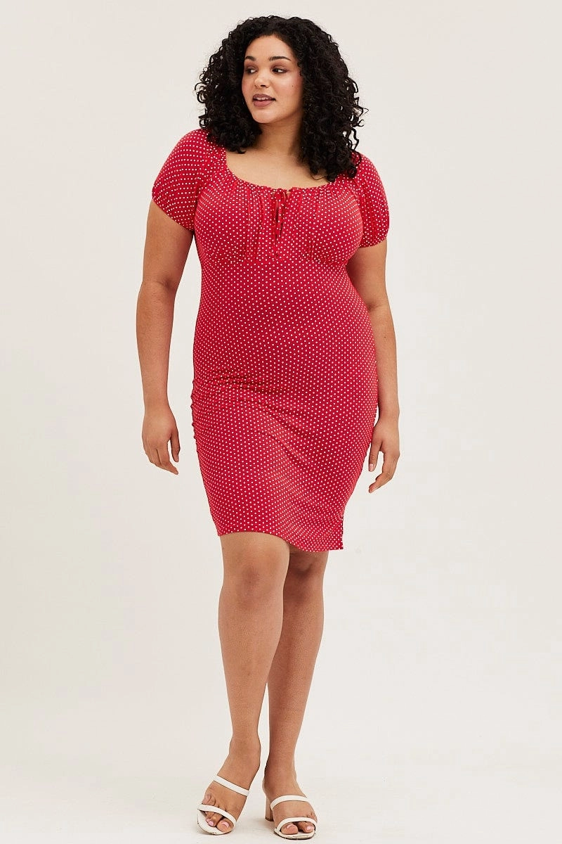 Polka Dot Short Puff Sleeve Red Spot Bodycon Dress Resort Outfit Repair-Friendly