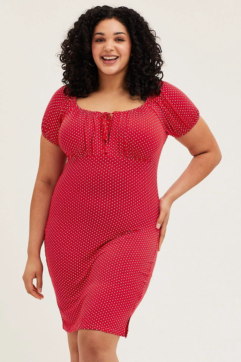 Polka Dot Short Puff Sleeve Red Spot Bodycon Dress Fresh Glow