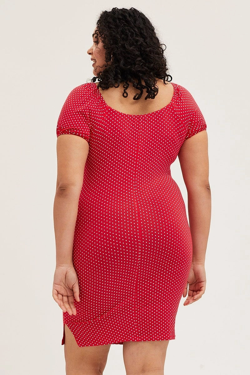 Pose Sweet Polka Dot Short Puff Sleeve Red Spot Bodycon Dress