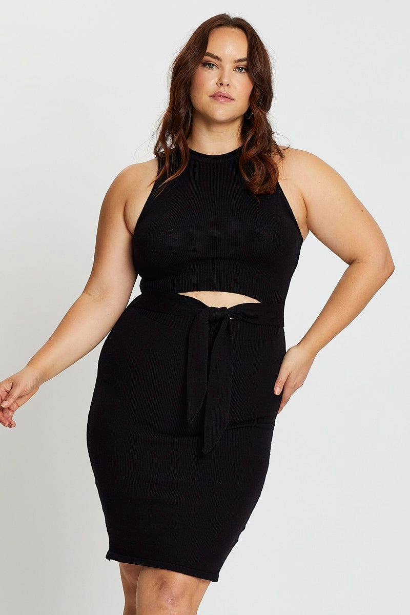 Grace Base Black Sleeveless Tie Front Knitted Dress