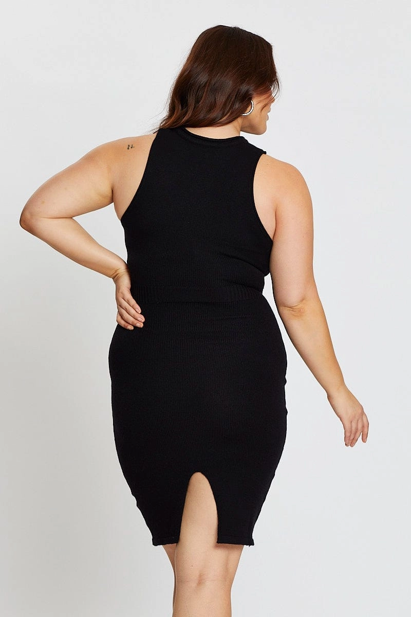 Black Sleeveless Tie Front Knitted Dress Chic Waist Design