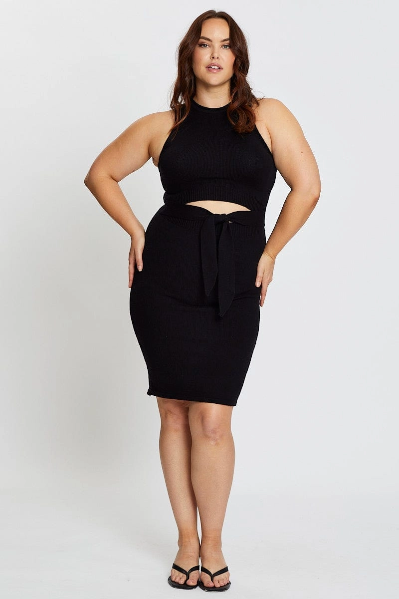 Black Sleeveless Tie Front Knitted Dress Daily Movement Refined Vibe