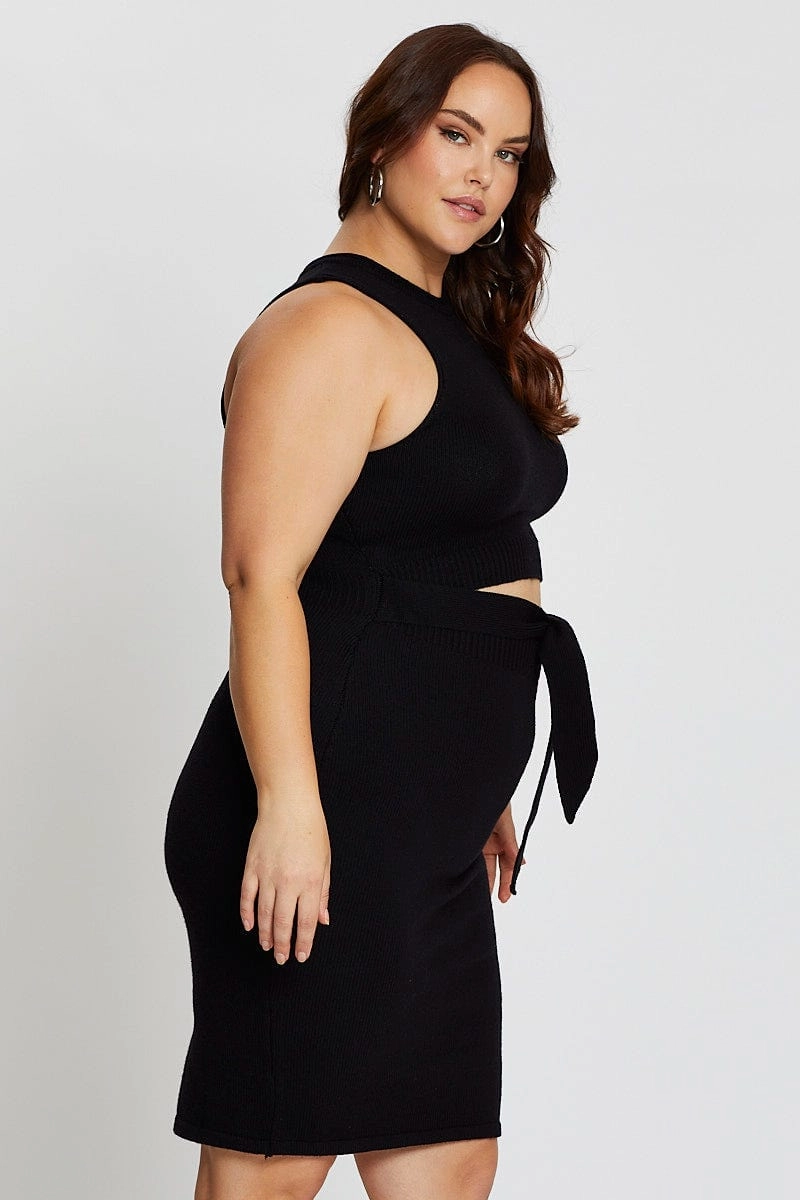 Black Sleeveless Tie Front Knitted Dress Comfortable Waist Design Comfortable Layer
