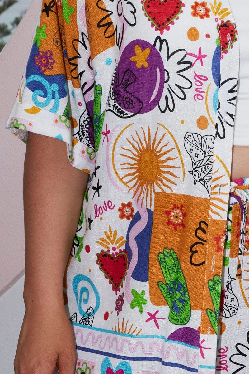 Non Chafe Seams Sustainable Material Multi Abstract Relaxed Shirt Short Sleeve Linen Blend