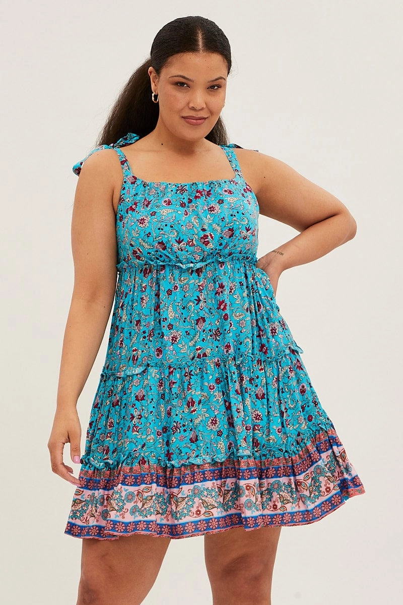 Blue Boho Mini Dress Sleeveless Round Neck Skater Flexible Waist