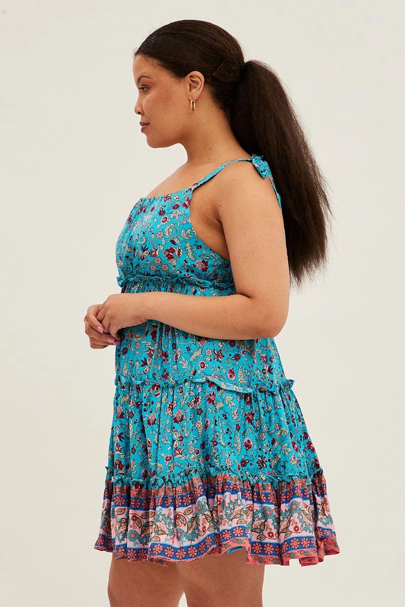 All Fit Flattering Wearable Blue Boho Mini Dress Sleeveless Round Neck Skater