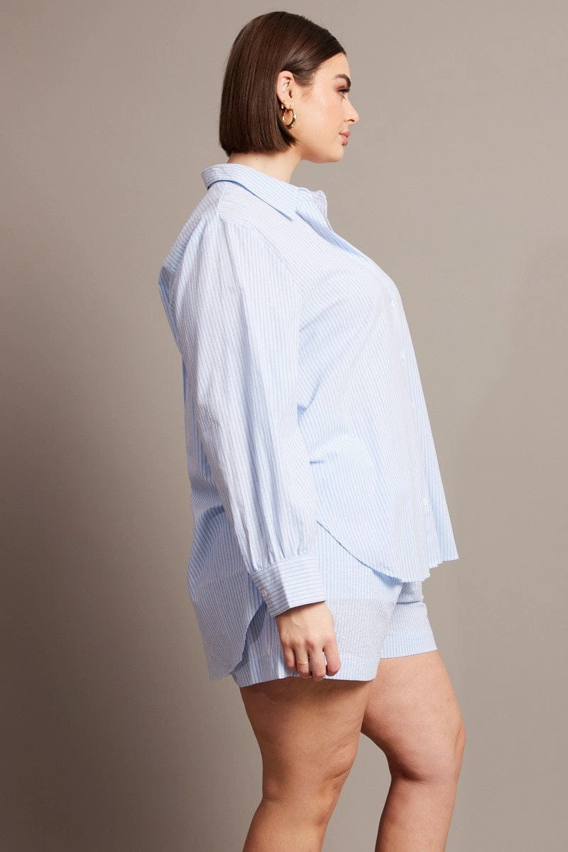 Pocket Detailing Distressed finish Blue Stripe Relaxed Shirt Long Sleeve