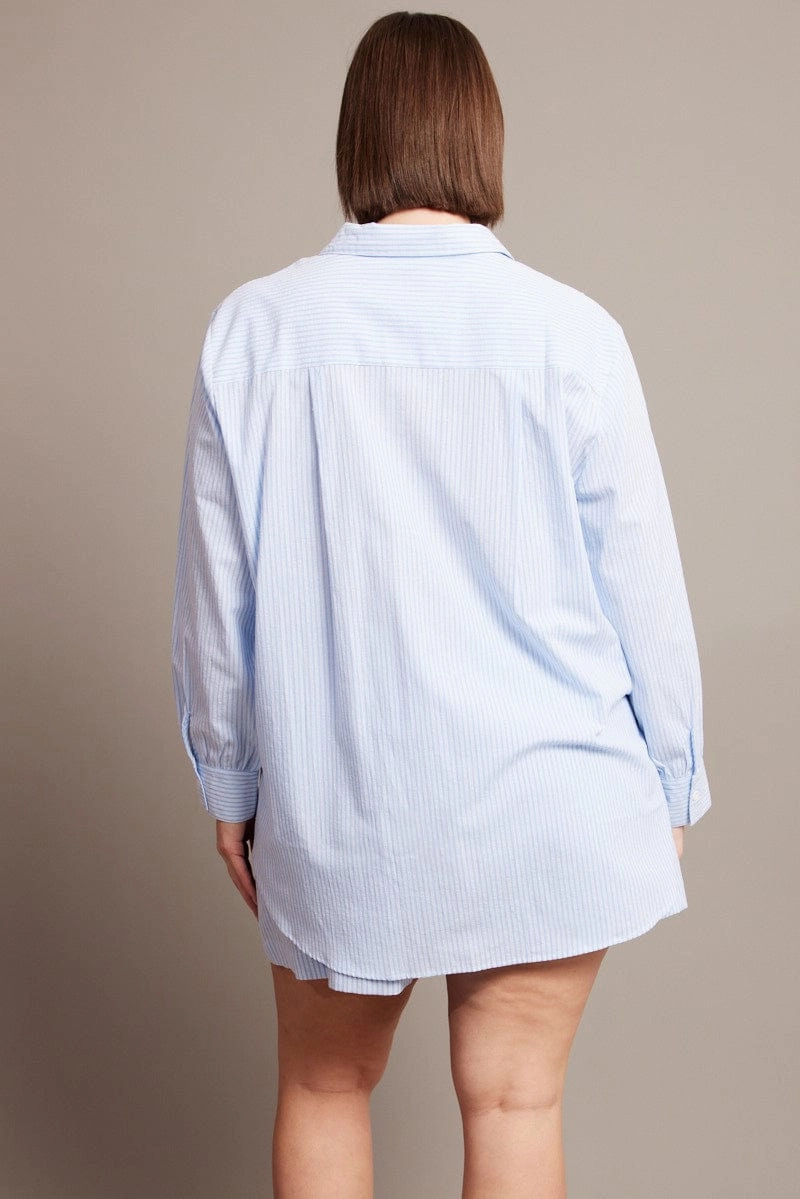 Blue Stripe Relaxed Shirt Long Sleeve Festive Look Subtle Print