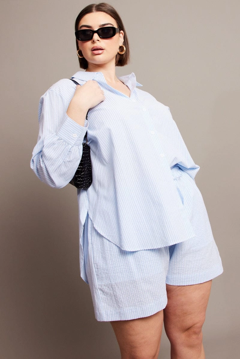 Checkered Look Contemporary Look Blue Stripe Relaxed Shirt Long Sleeve