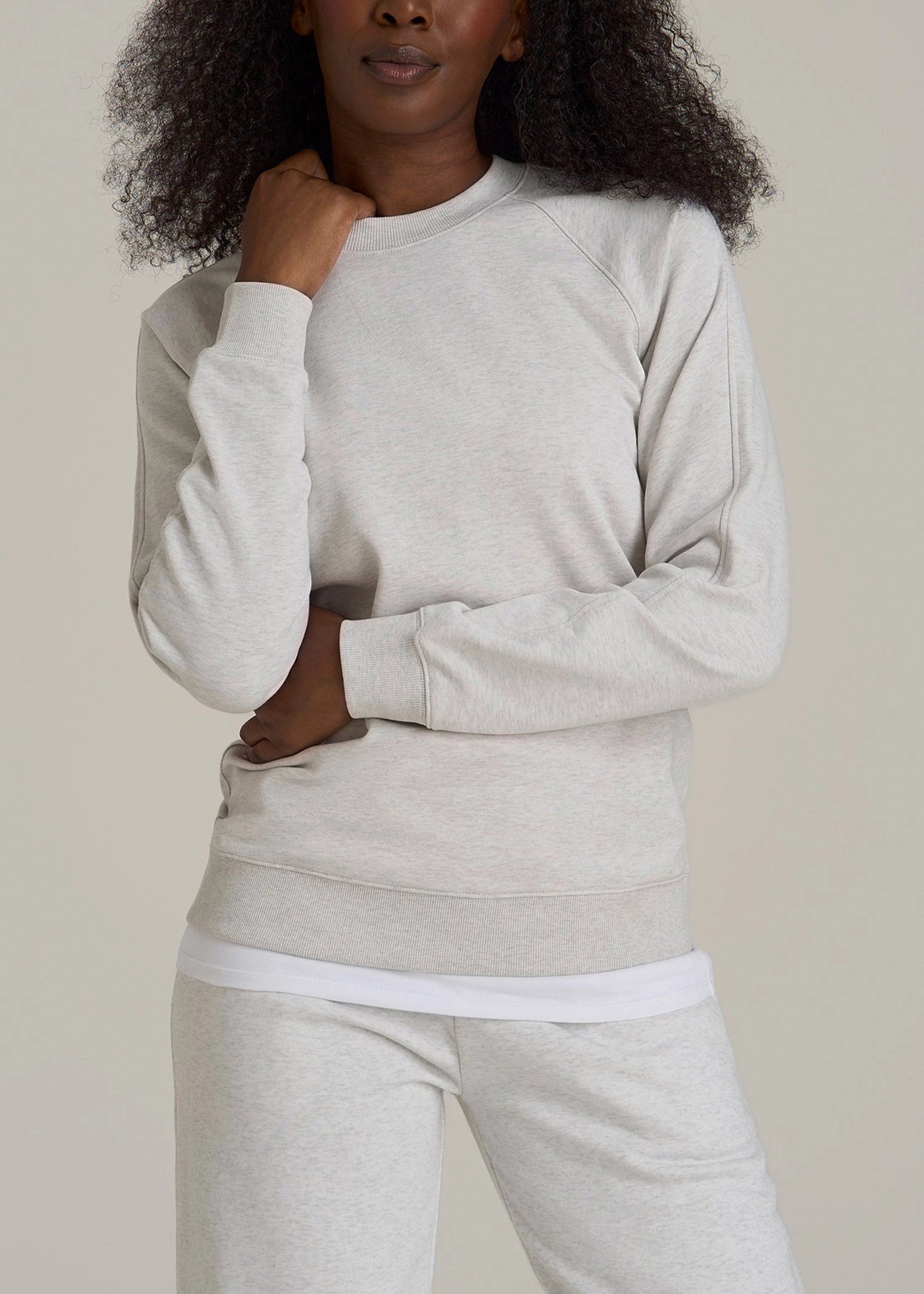 Comfortable French Terry Crewneck Sweatshirt for Tall Women in Heather Cloud White