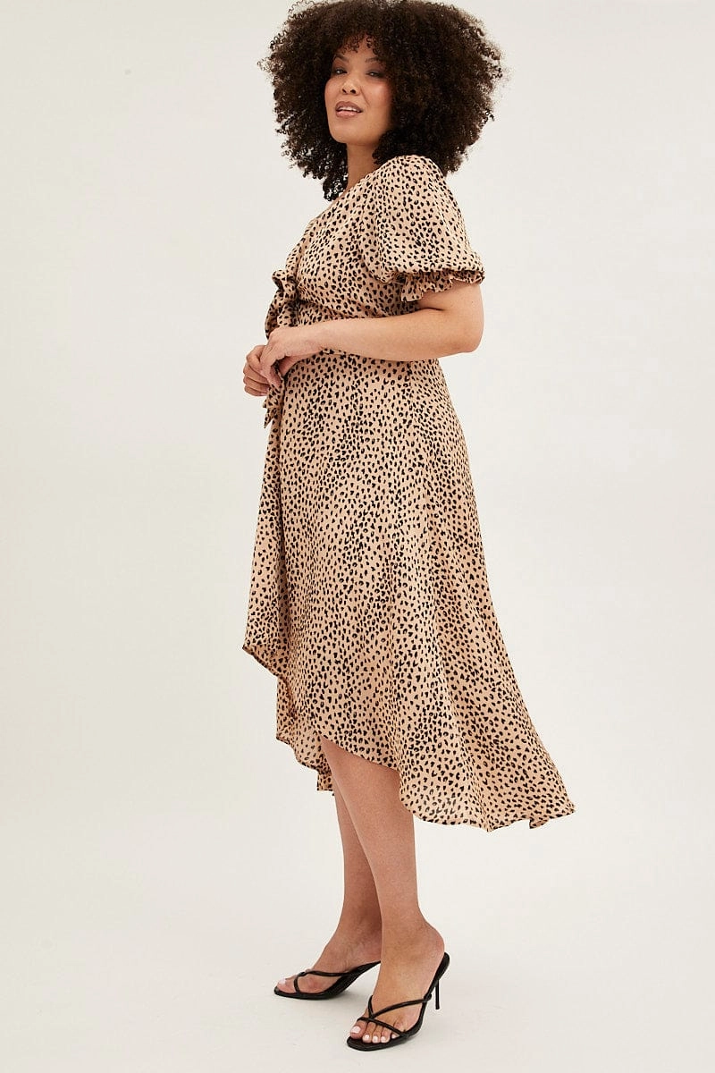 Trendy Vibes understated look Beige Animal Print Midi Dress Short Sleeve Tie Front Satin