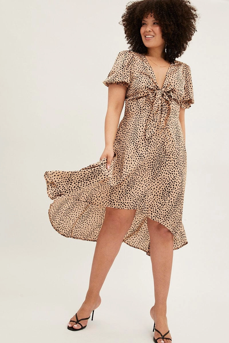 Fresh Tones Neutral Flow Beige Animal Print Midi Dress Short Sleeve Tie Front Satin