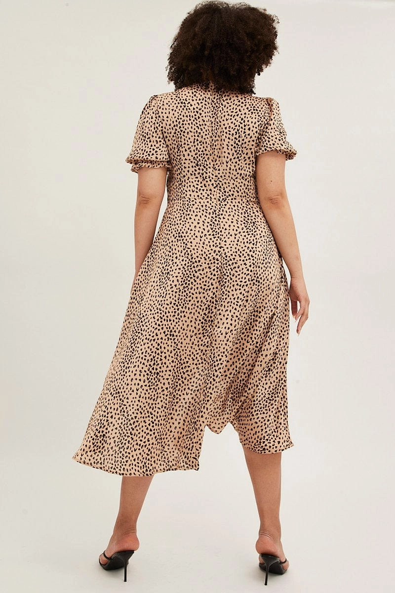 Timeless Waist Fit Beige Animal Print Midi Dress Short Sleeve Tie Front Satin