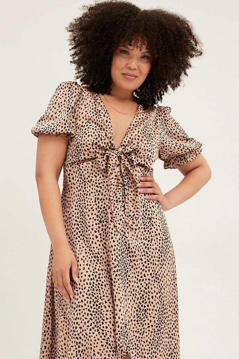 Geometric-pattern Beige Animal Print Midi Dress Short Sleeve Tie Front Satin