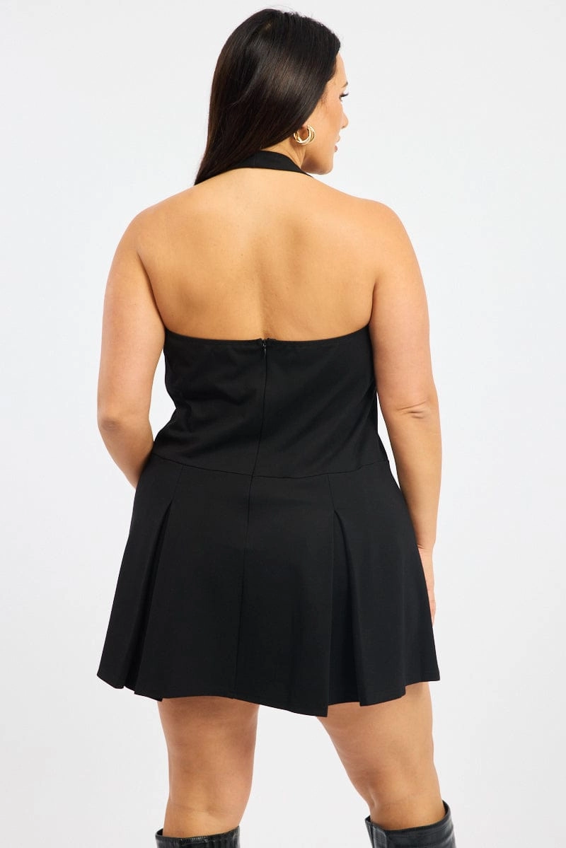 Black Halter Neck Pleated Minidress Tailored Style Trendy Look