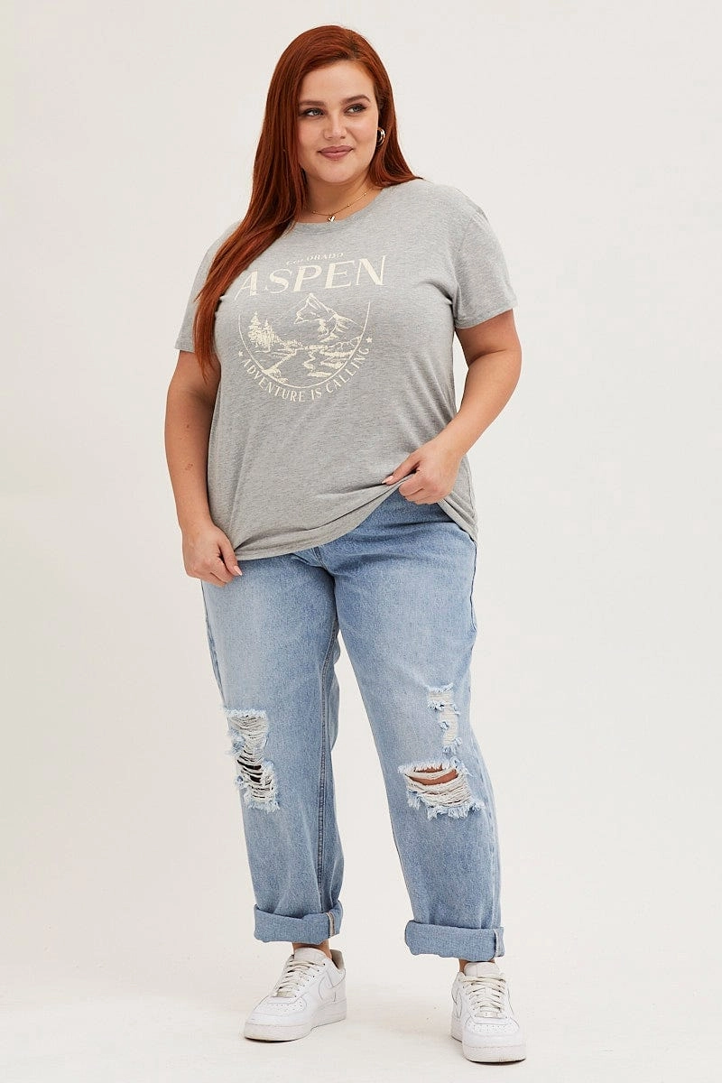 Trendy Daily Style Grey Marle Aspen Short Sleeve Cotton Graphic T-shirt