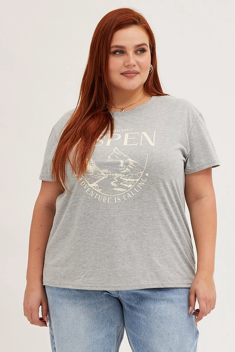 Grey Marle Aspen Short Sleeve Cotton Graphic T-shirt Cool Vibes Basic Layering