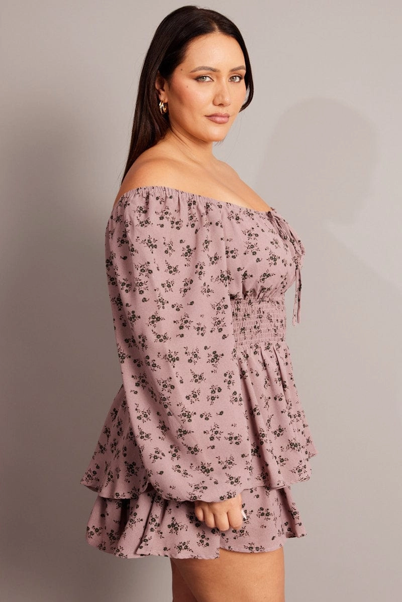 Purple Ditsy Ruffle Playsuit Long Sleeve Edgy-Look Soft cotton dress