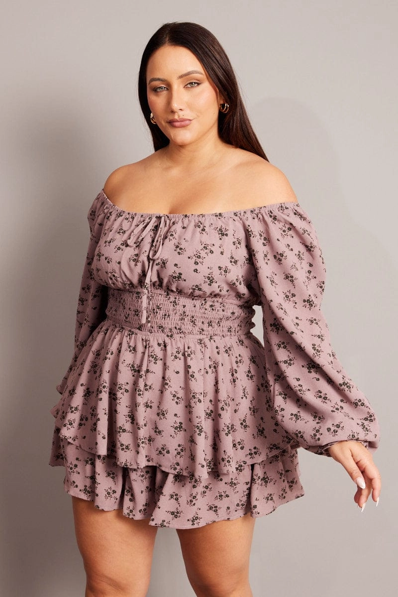 Purple Ditsy Ruffle Playsuit Long Sleeve Beaded-Edge