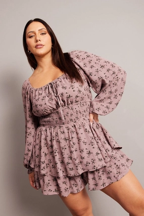 Minimal Mood Slender Look Purple Ditsy Ruffle Playsuit Long Sleeve