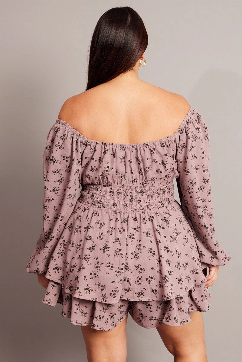 Graduation-Event Purple Ditsy Ruffle Playsuit Long Sleeve