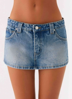 sweater souvenir item Tropics Low Rise Denim Mini Skort - Mid Wash Blue