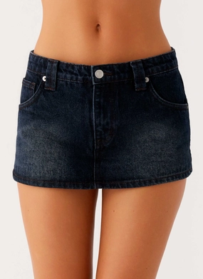 Double Layered Design Roll Up Fasten Tropics Low Rise Denim Mini Skort - Washed Dark Blue