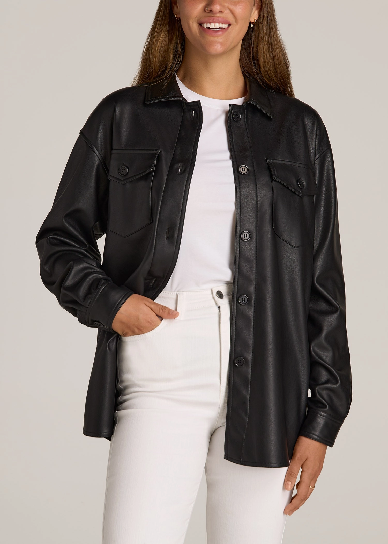 True Touch Leather Shirt Jacket for Tall Women in Black NonBulkyLayering
