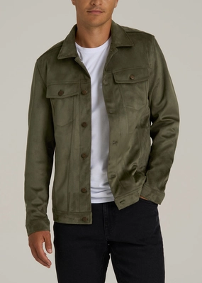 True Touch Suede Trucker Jacket for Tall Men in Forest Night Structured Casual Fit
