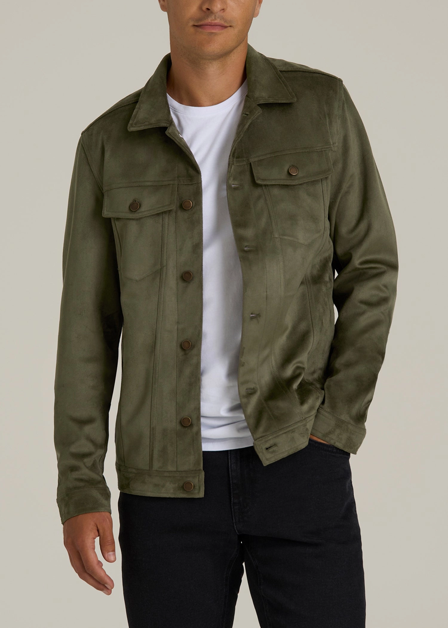 True Touch Suede Trucker Jacket for Tall Men in Forest Night Clean Street Look Casual Chill Look